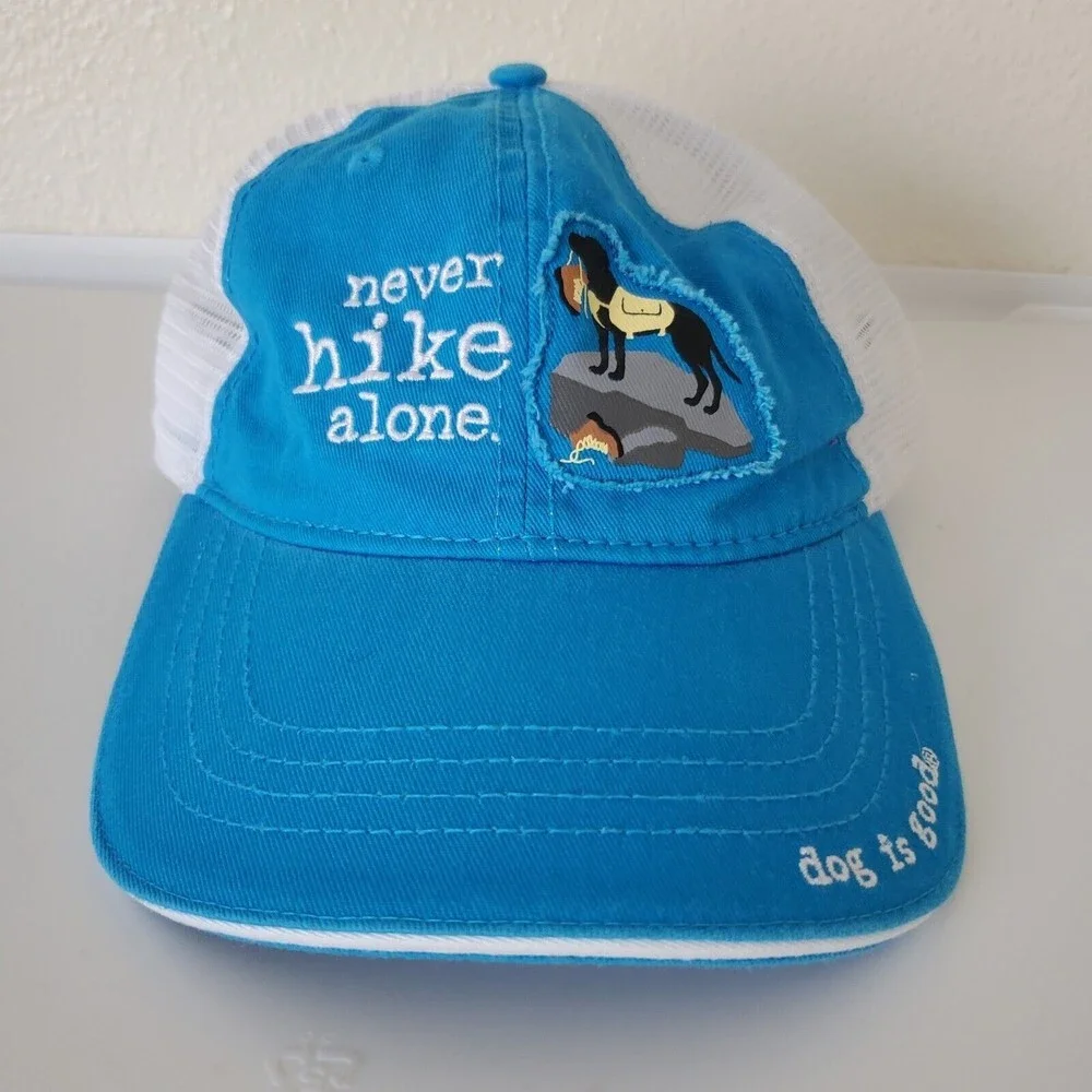 Dog Is Good Baseball Cap "Never Hike Alone" one size fits most Blue White Cotton - Picture 2 of 12